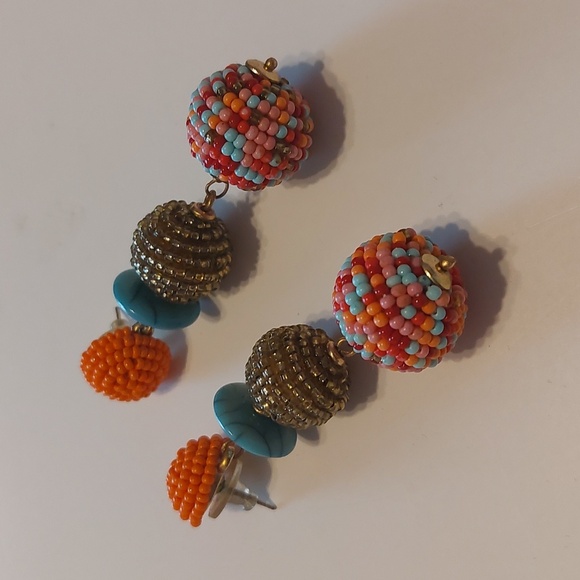 Bohemian Tribal Bright Multicolor Seedbeads Triple Drop Dangle Earrings - Picture 2 of 5